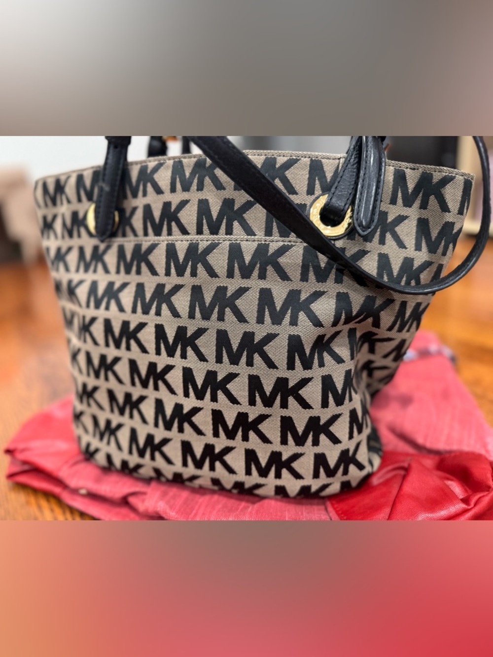 Michael Kors Beige Canvas Tote with Black MK Print